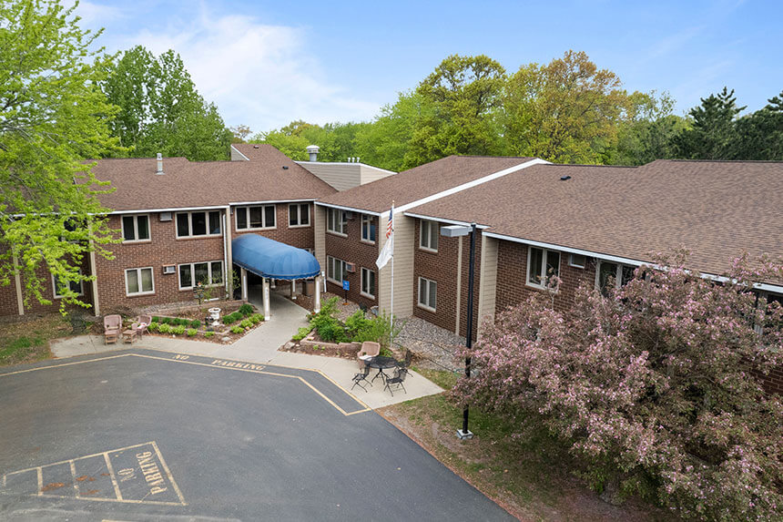 Aerial view of the entrance of Good Samaritan Society - Woodland in Brainerd, MN.