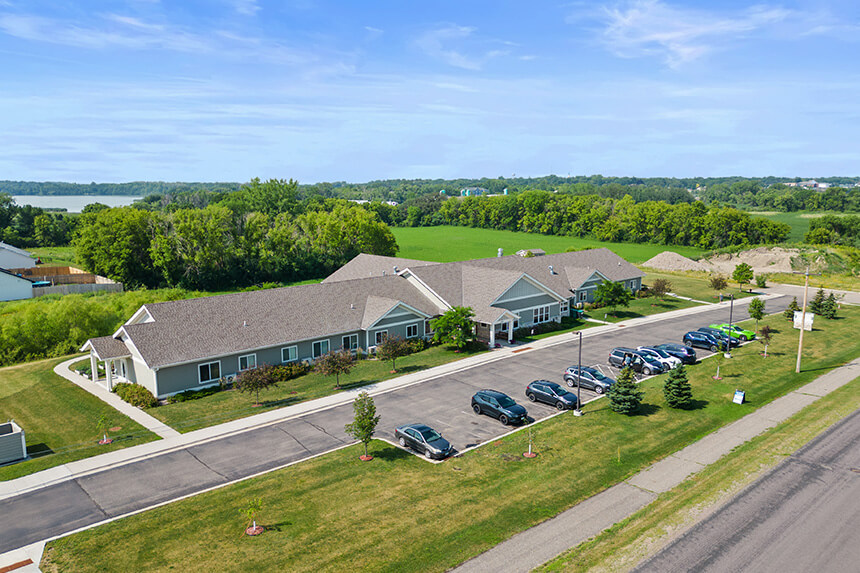 Aerial view of the Lodge of Howard Lake assisted living community in Howard Lake, Minnesota.