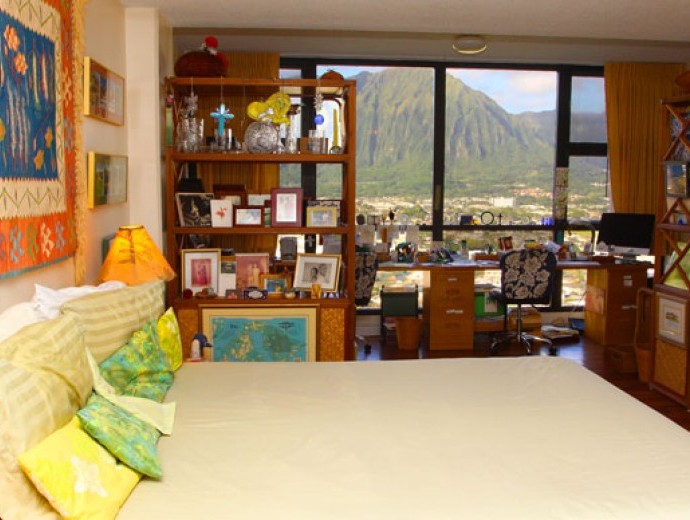 Breathtaking view of the mountains outside the studio apartment window at Good Samaritan Society - Pohai Nani in Kaneohe, Hawaii.