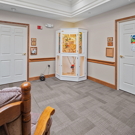 Take a seat and enjoy the aviary in the memory care unit at Good Samaritan Society - Prairie View Gardens in Kearney, Nebraska.