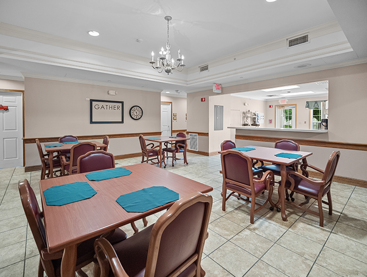 Community dining room for memory care residents at Good Samaritan Society - Prairie View Gardens in Kearney, Nebraska.