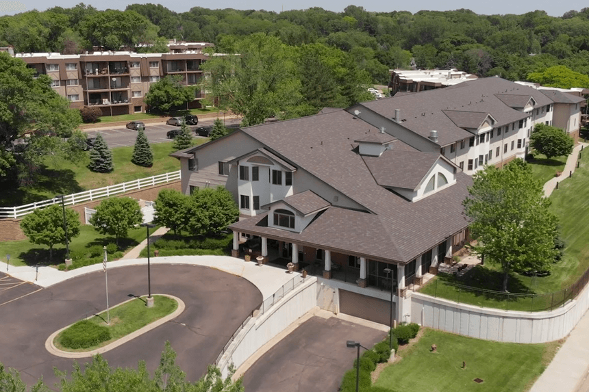 Aerial view of Good Samaritan Society - Heritage Place of Roseville in Roseville, Minnesota. A senior living community located in the northeast suburbs of the Twin Cities.