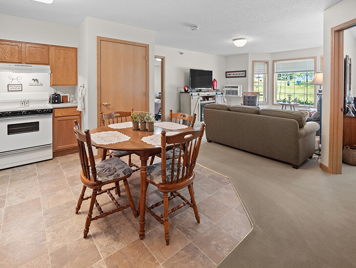 Independent living apartment kitchen and living room at Good Samaritan Society - West Union.