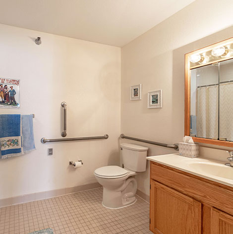 Assisted living apartments include large bathrooms with walk-in showers and safety rails at Mikkelsen Manor at Good Samaritan Society - Windom in Windom, Minnesota.