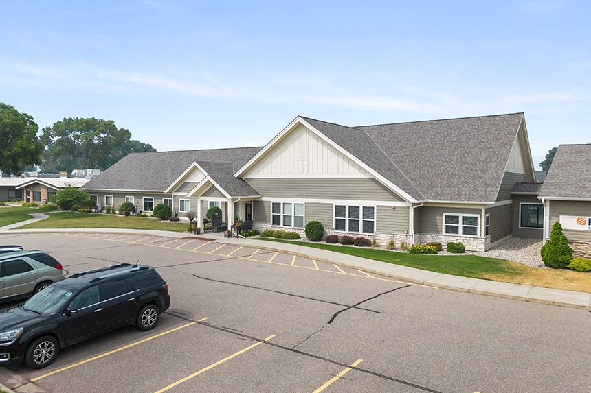 Aerial view of assisted living community The Lodge of Winthrop in Winthrop, Minnesota.