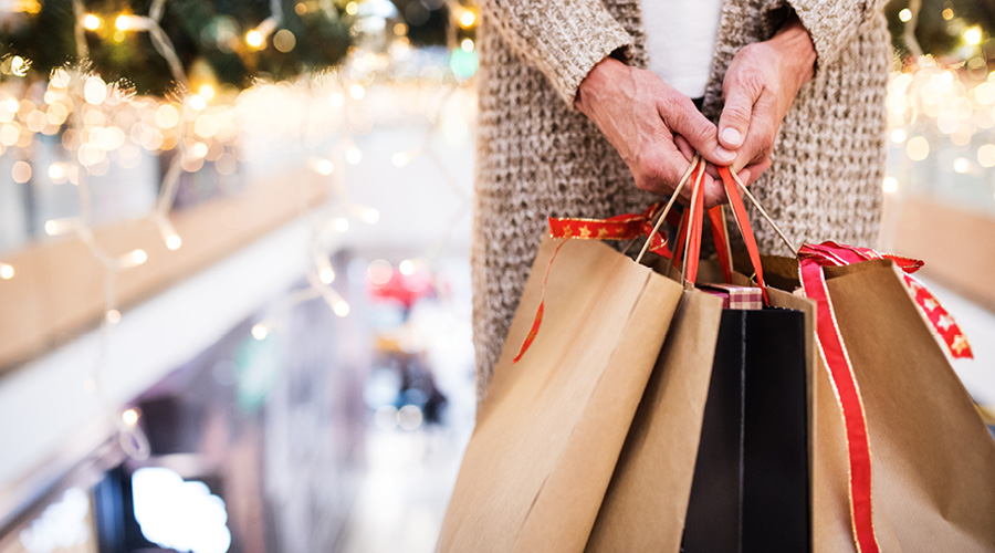 Person holding gift bags with Christmas tree in background