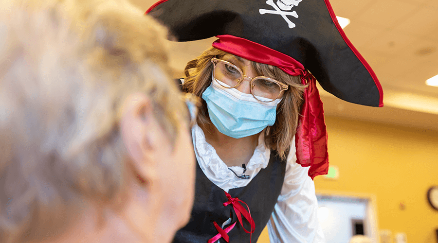 Julie Schwab, activities director at Good Samaritan Society - Sunset Drive in Mandan, ND dressed up like a pirate for pirate week.